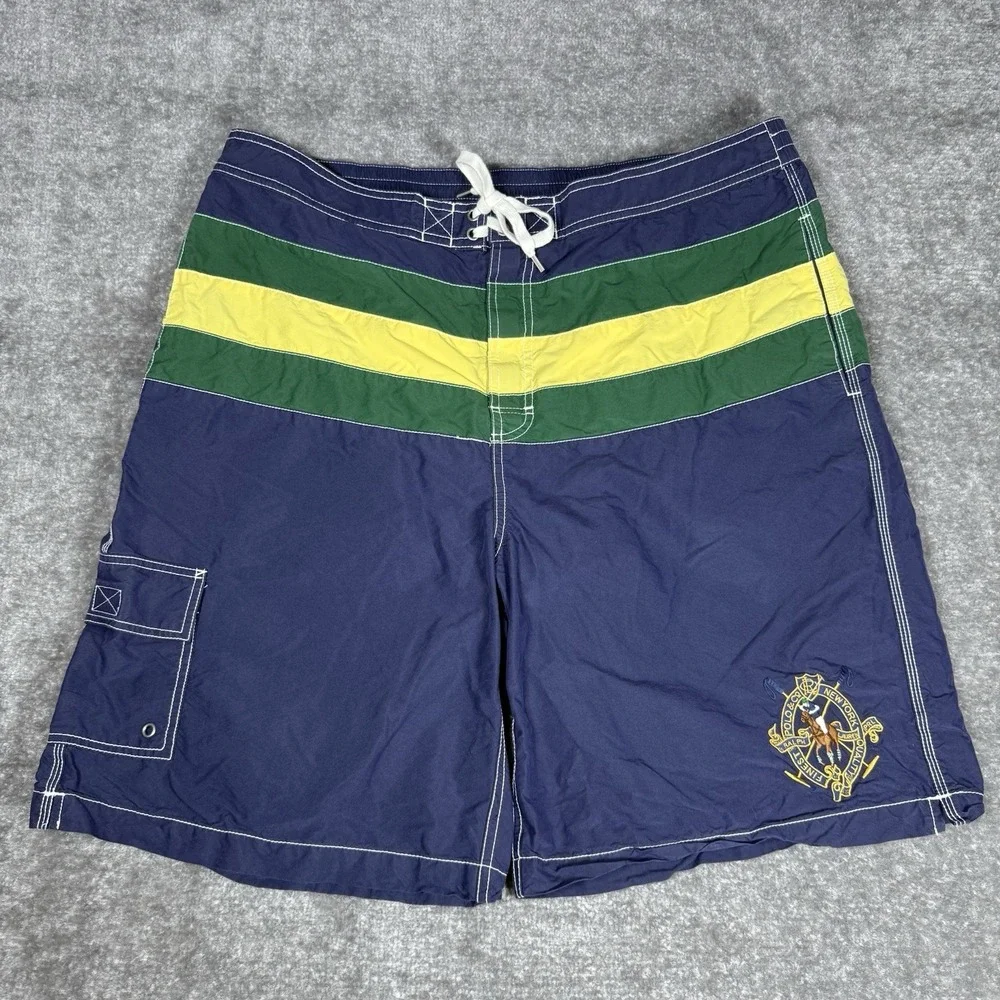 Polo‎ Ralph Lauren Swim Trunks Men's XXL Blue Colorblock Crest Big Pony Pockets
